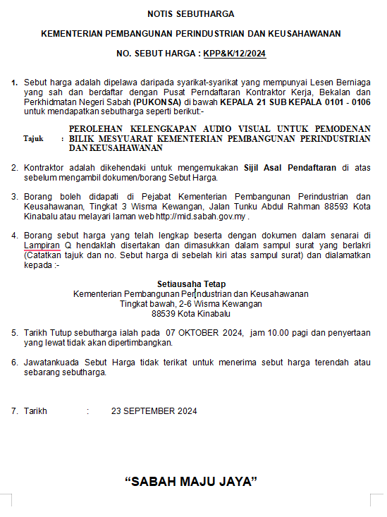 Kenyataan Tender KPP&K/12/2024